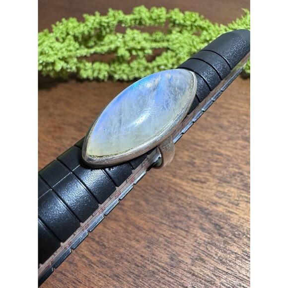 Sterling Silver Chunky Natural Rainbow Moonstone Ring Size 4.75 - Picture 8 of 11